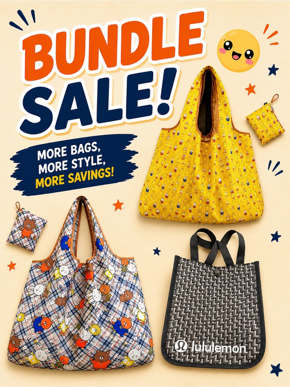 Bundle Sale (3pcs) 2 new xlarge Folding tote bag and 1 lululemon small tote